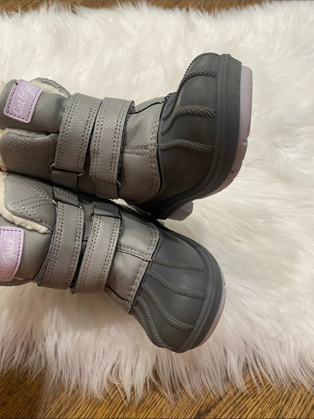 Kids sz 8 Gray & Light Purple Winter Rain Boots with Fleece Lining